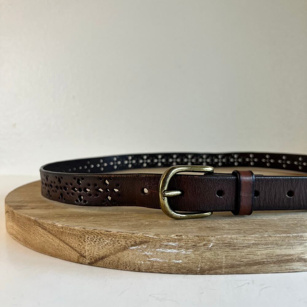 Vintage Brown Genuine Leather Cut Out Western Golden Buckle Belt Size Large